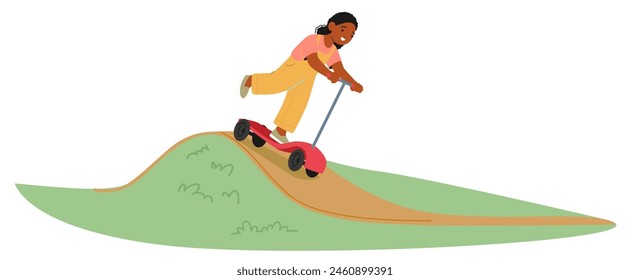 Young African American Girl Riding A Scooter Over A Grassy Hill, Conveying A Sense Of Joy And Motion. Cartoon Vector Image Capturing A Joyful Moment of Active Play, And Cheerful Outdoor Activity