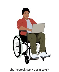 Young african american girl sitting in wheelchair and working on laptop. Disabled business woman. Inclusive business people concept. Cartoon style vector realistic illustration isolated on white.