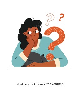 Young african american girl sitting with cat Thinks. Womans Thinking, problem solving, finding solution, critical Thinking, decision making. Woman with a Question mark. Flat cartoon vector illustrate.