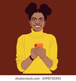 A young African American girl smiling holding a mobile phone