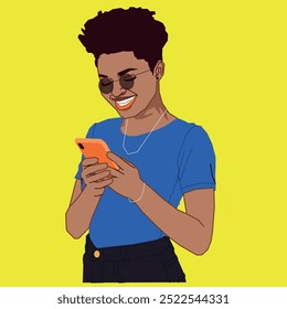 Uma jovem afro-americana sorrindo para suas mensagens de celular e conversas usando óculos