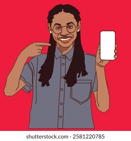 A young African American girl smiling brightly while pointing at her cell phone, exuding excitement and enthusiasm in a cheerful setting.