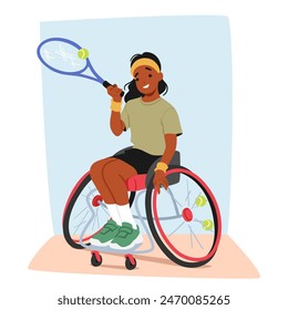 Young African American Girl In A Sports Wheelchair, Actively Engaging In A Tennis Game, With A Tennis Racket In Hand She Exemplifies Determination And Joy. Inclusion And Adaptive Sports Vector Concept