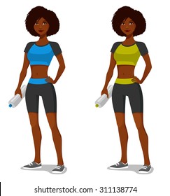 young African American girl in sporty outfit, with water bottle after exercising