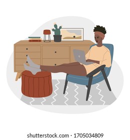 Young African American girl working at home in quarantine on her laptop, freelance job. Cozy Scandinavian interior in apartment. Vector illustration in flat cartoon style, isolated on white background