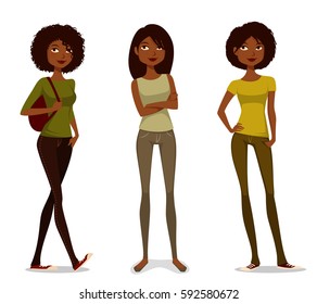 Young African American Girls In Casual Outfits. Young Black People In Street Fashion. Cartoon Character.