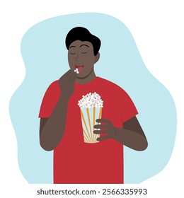 Young african american guy eating popcorn with closed eyes from pleasure, faceless illustration, flat style, isolate on white