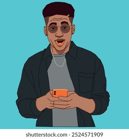 A young African American guy with glasses holding a cell phone looking so surprise with his messages