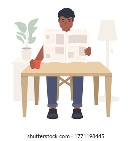 Young African American guy sitting at a table and reading a newspaper, black man reading press or magazine flat vector illustration. Home furnishings and indoor plants