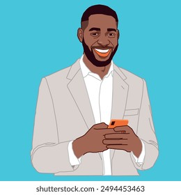 A Young African American guy in a suit smiling and holding a cell phone after reading his chat 