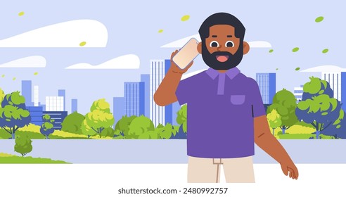 Young African American guy talking on the phone over modern cityscape. Flat vector illustration