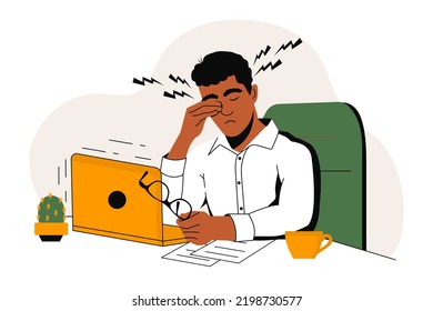 Young african american guy is working on a Laptop. Tired character. Concept of Eye Health while Working at the computer. Flat graphics, vector illustration.