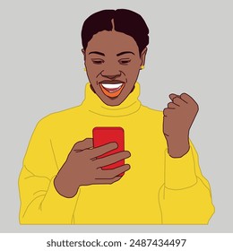 Young African American happy doing hand gestures with her red phone