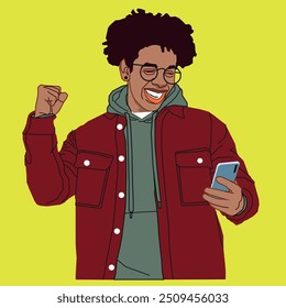 A young African American happy student holding a mobile phone looking happy wearing black glasses