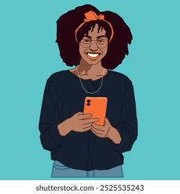 A young African American lady with afro hair smiling on her mobile phone wearing glasses