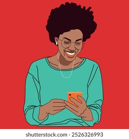 A young African American lady with afro hair holding a cell phone wearing glasses