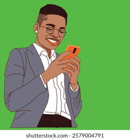 A young African American lady attentively checking her emails on her cell phone, exuding focus and professionalism in a modern and relaxed setting.