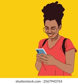 young African American lady with a backpack checking her cell phone
