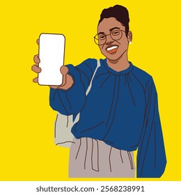 young African American lady with a backpack showing her mobile phone screen