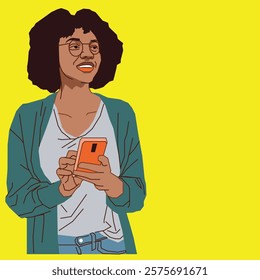 A young African American lady with a bright smile glares upward as she texts on her cell phone. She exudes joy and positivity in a casual, vibrant setting.