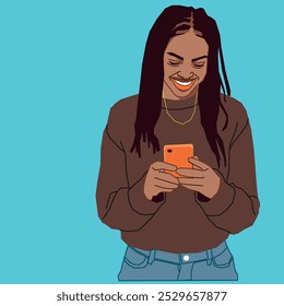 A young African American lady with a cell phone looking so excited wearing glasses reading her conversation