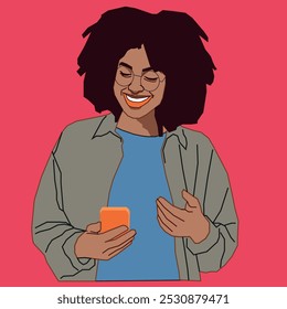 Young African American lady with a cell phone looking relaxed reading her conversation wearing glasses