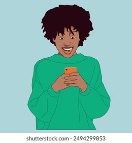 Una joven afroestadounidense que revisa sus mensajes en su teléfono móvil y se ve sorprendida cuando se pone un suéter verde