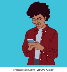 A young African American lady checking her mobile phone conversation smiling wearing glasses