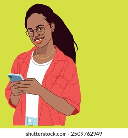 A young African American lady checking her phone messages smiling wearing black glasses