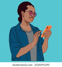 A young African American lady checking her mobile phone messages wearing a pretty glasses