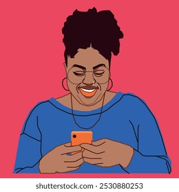 A young African American lady is checking her cell phone excitedly, reading her messages while wearing glasses.