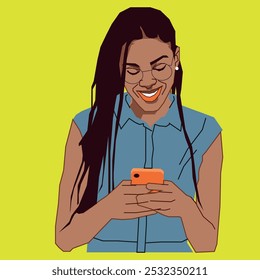 A young African American lady checking her cell phone messages looking happy while wearing glasses