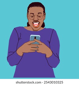 Una joven afroamericana está revisando su teléfono celular mientras usa gafas.