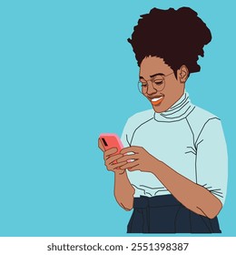 Una joven afroamericana revisando los mensajes de su teléfono celular