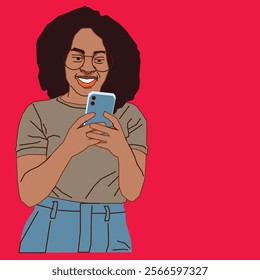 
A young African American lady checking her phone messages looking excited 