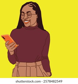 A young African American lady checking her phone messages with a focused yet cheerful expression, exuding warmth and positivity in a casual setting.