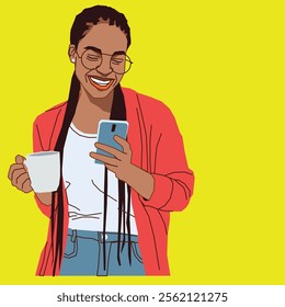 A young African American lady with a cup of coffee and a cell phone