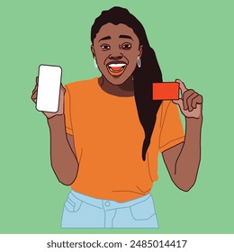 A young African American lady with a debit card and a cell phone looks so happy