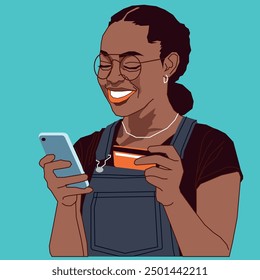 A young African American lady with a debit card and a cell phone smiling at her messages 