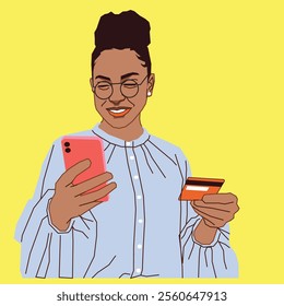 
Young African American lady with a debit card and a mobile phone try to shop online