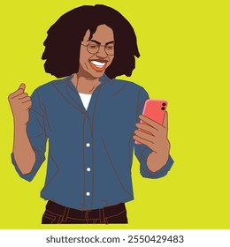 Young African American lady doing fist upholding a mobile phone looking excited. 
