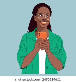 A Young African American lady excited with her phone chat wearing white glasses and a green shirt looking up to the sky