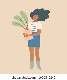 Young African American lady florist standing holding a flowerpot with houseplant urban design. Basic stylish beautiful black woman or girl vintage earthy colors flat design happy lady with houseplant.