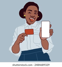 A young African American lady holding a debit card and a mobile phone smiling. 