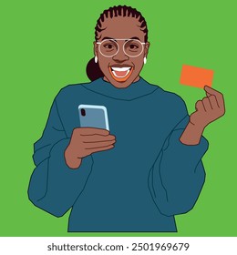 A young African American lady holding a cell phone and debit card looking happy wearing glasses