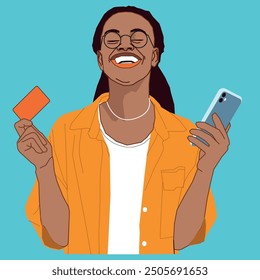 Una joven afroamericana con una tarjeta de débito y un teléfono móvil sonriendo y con gafas