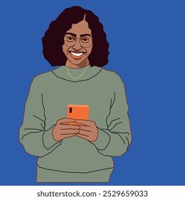 Una joven afroamericana sosteniendo un teléfono celular sonriendo leyendo su conversación con gafas