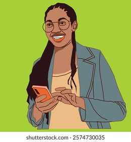 A young African American lady with long, flowing hair, smiling warmly as she looks at her cell phone, radiating joy and positivity in a relaxed and cheerful setting.