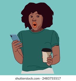 young African American lady looking surprised with her phone in her right hand and cup of coffee on the left wearing a green shirt