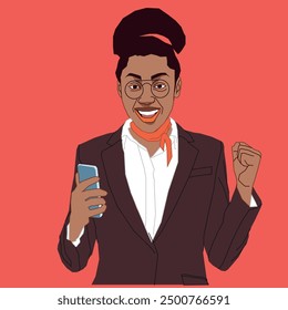 A young African American Lady looking so excited holding a phone